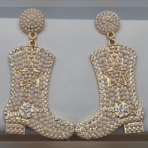 ✨2/$10✨ Western Boot Statement Stud Earrings 2.5" Rhinestone & Pearl Gold Tone